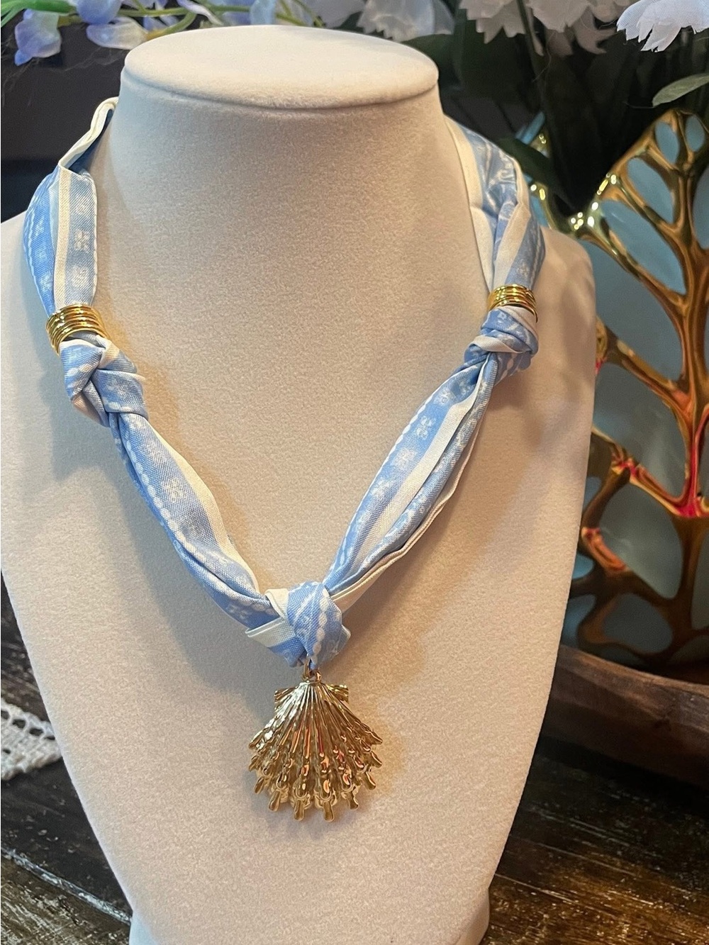 Gold Shell Pendant Scarf Necklace in Light Blue and White